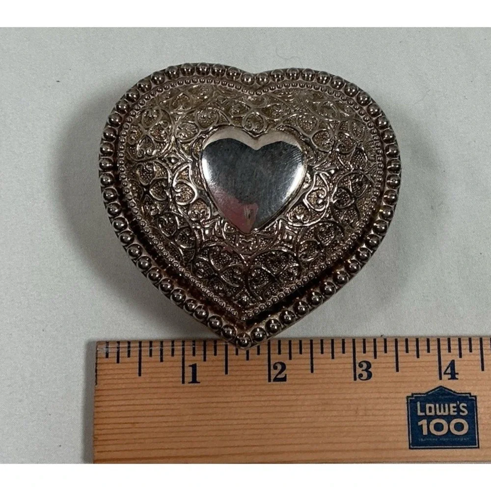 VTG Ornate Heart Shaped Jewelry Trinket Box Silver Tone Blue Velvet Lined 3.25